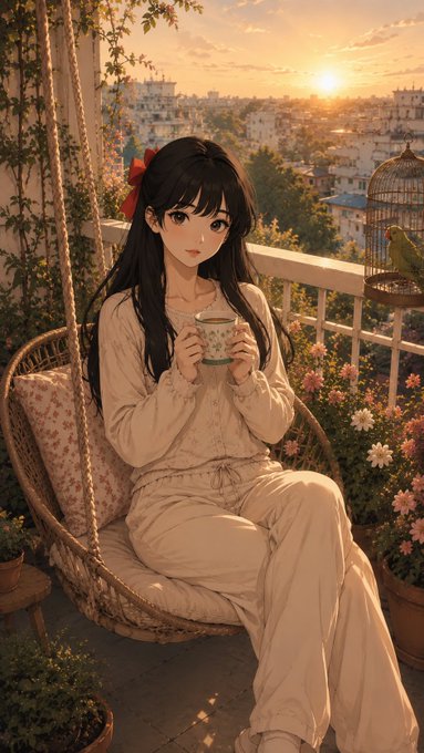 An anime-style illustration of a black-haired girl with a red bow sitting on a balcony swing, holding a teacup, with a birdcage and sunset cityscape in the background.