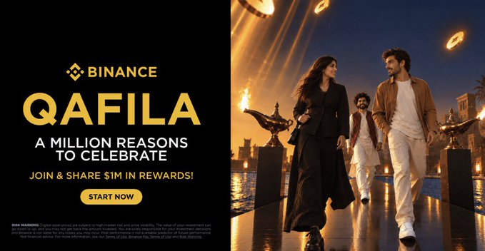 A Binance promotional banner for “Qafila” reads “A MILLION REASONS TO CELEBRATE” and “JOIN & SHARE $1M IN REWARDS!” with a “START NOW” button. Beside it, three well-dressed people walk through an illuminated venue, matching the accompanying post’s description of Binance’s five-level “first times” trading campaign with a $1 million reward pool.