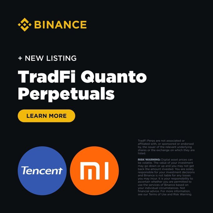 Binance announces the listing of TradFi Quanto Perpetuals for Tencent Holdings (HK0700) and Xiaomi (HK1810), featuring the companies' logos alongside a "+ NEW LISTING" header and "LEARN MORE" button, matching the post's announcement of upcoming equity perpetual contracts on Binance Futures.
