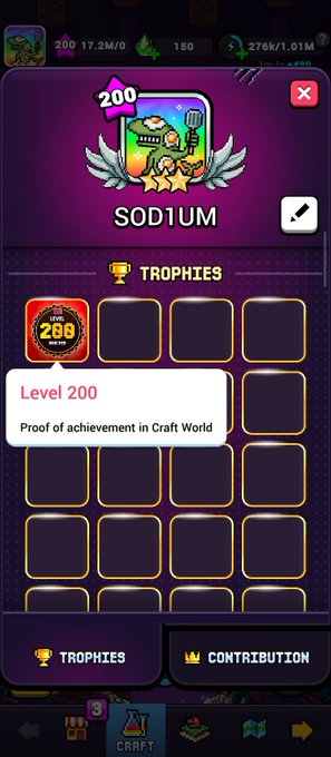 A mobile game screenshot showing a 'SODIUM' profile at Level 200 with 288 total trophies in Craft World, featuring a pink informational tooltip that reads 'Level 200 - Proof of achievement in Craft World.'