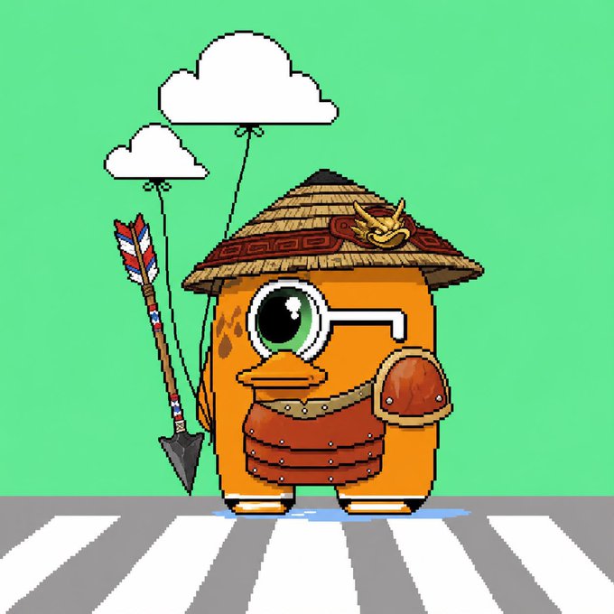 A cartoon illustration of an orange duck-like character dressed as a samurai with a straw hat, holding an arrow with feathers, standing on a crosswalk against a green background.