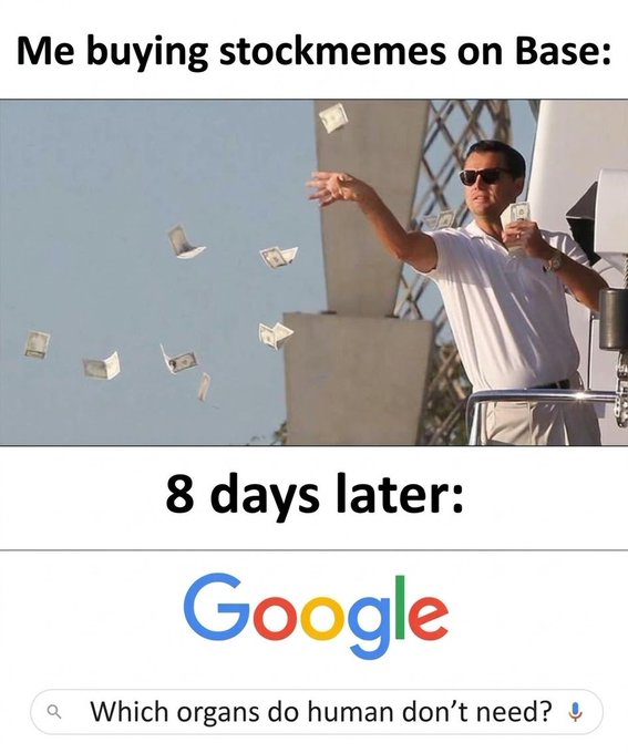 A meme featuring Leonardo DiCaprio throwing money from a yacht captioned 'Me buying stockmemes on Base:' followed by '8 days later:' showing a Google search for 'Which organs do human don't need?'.