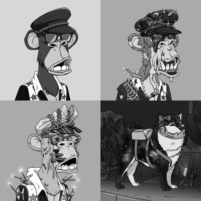 A black-and-white four-panel grid of Bored Ape Yacht Club NFTs, with three featuring stylized monkey characters in various outfits and the fourth showing a dog character with a galaxy-patterned coat.
