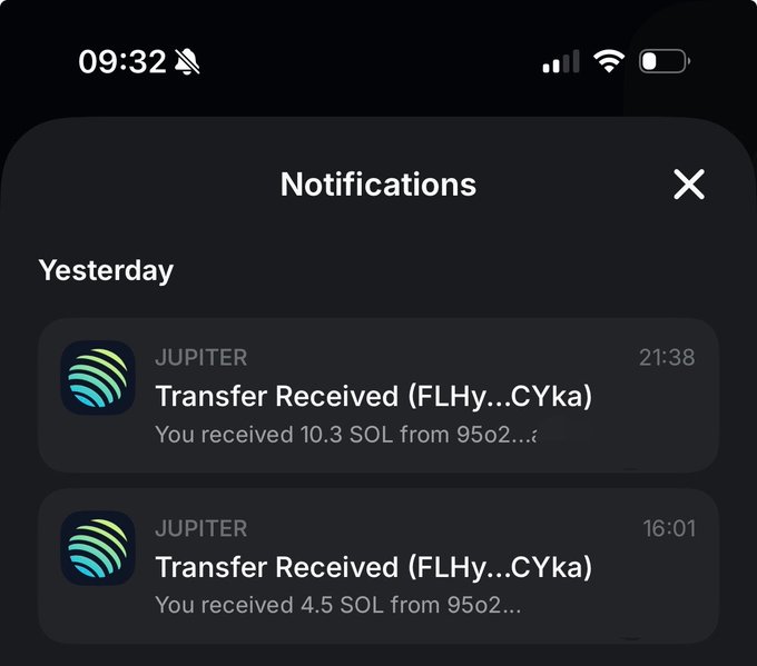 A smartphone notifications screen displays two Jupiter app alerts from yesterday, showing received SOL transfers of 10.3 SOL at 21:38 and 4.5 SOL at 16:01 from sender "95o2...". The image illustrates the post's mention of a KOLs campaign by showcasing incoming crypto transfer notifications, suggesting the campaign is successfully driving wallet activity.