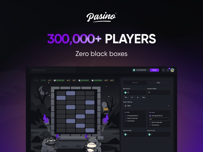The image features the Pasino logo with text "300,000+ PLAYERS" and "Zero black boxes," showcasing a screenshot of a provably fair gaming interface with a Halloween-themed game and betting controls. This visually reinforces the post's claim about Pasino's large player base and transparent gaming experience, highlighting the platform's crypto casino offerings including games, rakeback, and Fey tokens.