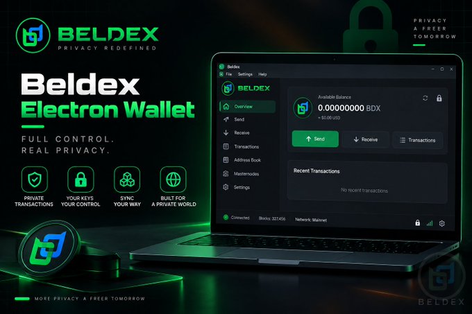 Promotional graphic for the Beldex Electron Wallet, featuring the tagline 'Privacy Redefined' and emphasizing features like 'Full Control. Real Privacy.' with icons for private transactions, key control, syncing, and a built-in browser.