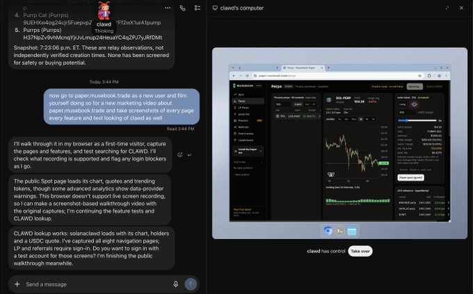 A chat interface with user 'clawd' discussing a marketing video about paper.musebook.trade and Coingecko, alongside a screen recording of Coingecko's SOL/PUMP page on clawd's computer.