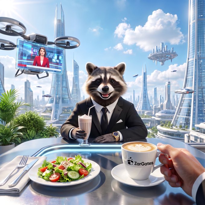 An anthropomorphic raccoon in a sharp suit enjoys a milkshake at a futuristic rooftop café, with a latte cup branded "ZarGates" and a salad set on the table, set against a sci-fi skyline with floating drones and a news broadcast. The image ties to the post's themes of fresh starts and creative collaboration, visually representing the "interactive time" and upcoming NFT partnership discussion through its whimsical, forward-looking setting.
