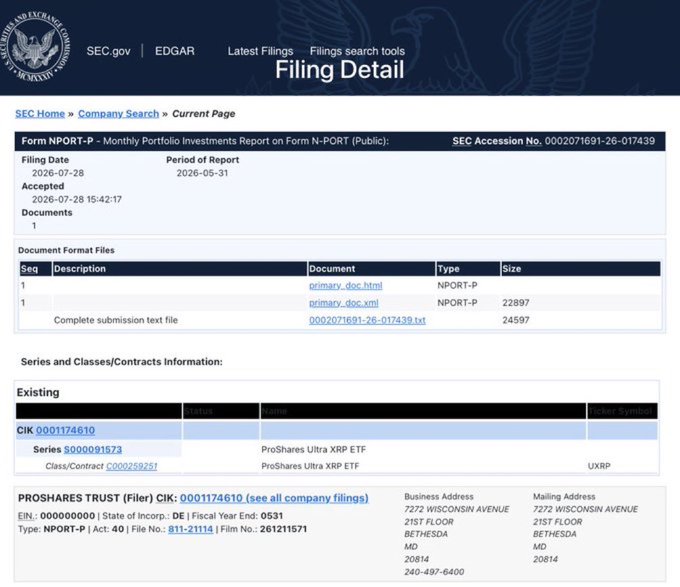 An SEC EDGAR filing detail page showing a Form NPORT-P Monthly Portfolio Investments Report filed by ProShares Trust for ProShares Ultra XRP ETF (ticker UXXRP), filed 2026-07-28 with a period of report ending 2026-05-31.