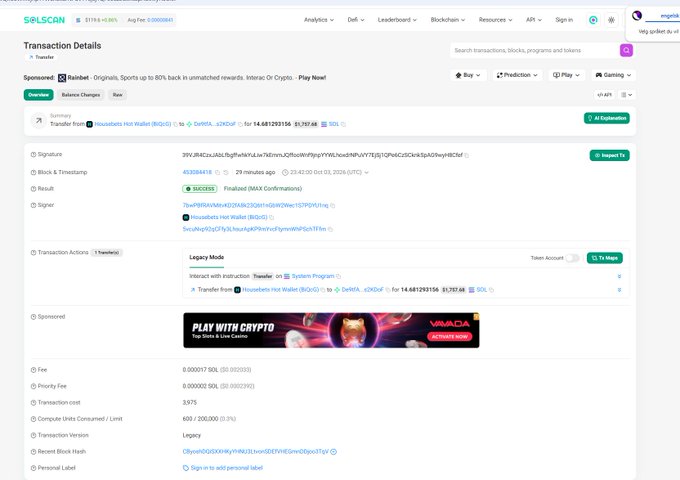A Solscan transaction details page shows a successful token transfer from Housebets Hot Wallet (BIGIO) to 6xDeRA...xDKbF for 14.681293156 SOL, with transaction cost 3375 and recent block hash visible.
