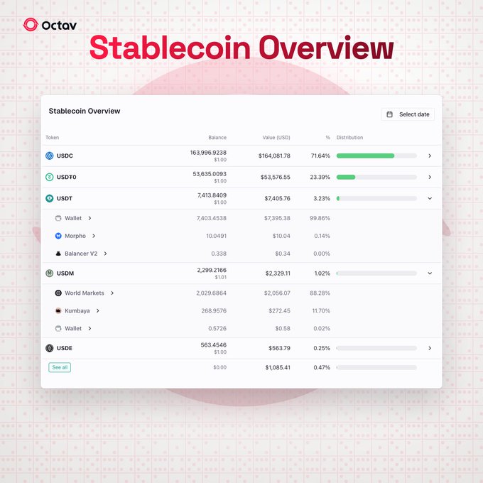 A dashboard from Octav titled 'Stablecoin Overview' displaying token balances, values in USD, and distribution percentages for USDC, USDT0, USDT, USDM, and USDE.