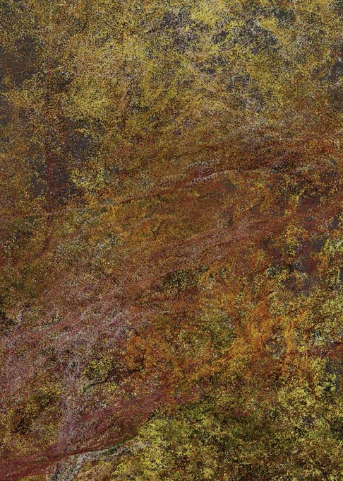 𝘗𝘳𝘰𝘷𝘦𝘯𝘤𝘦 is an abstract painting with a brown background featuring a tree-like pattern of red, yellow, and green colors. The painting has a rough texture that gives it a rustic appearance. The post features information about the artist's exhibition at Art Basel Hong Kong and a 15-work release on @objktone.
