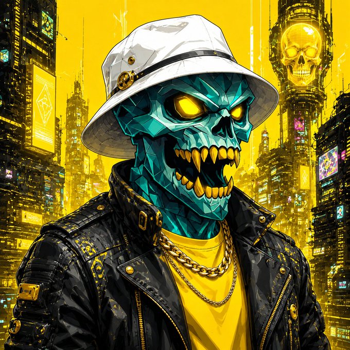 A digital illustration of a cybernetic skull character with glowing yellow eyes, wearing a white bucket hat, gold chains, and a black leather jacket against a yellow cyberpunk cityscape background.