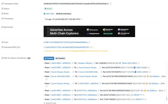 A blockchain transaction details page showing a successful transaction hash, 450 block confirmations, and multiple transfers involving USDT, USDC, DAI, and ERC20 tokens between various wallets.