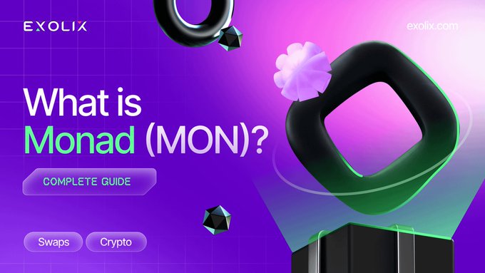 A promotional banner for Exolix asking "What is Monad (MON)?" with buttons labeled "Swaps" and "Crypto", featuring abstract 3D shapes on a purple background.