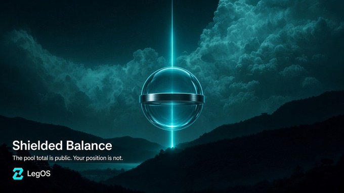 A promotional graphic featuring a glowing teal sphere balanced on a vertical beam over a mountainous landscape, with text reading "Shielded Balance," "The pool total is public. Your position is not.," and "LegOS" alongside a logo.
