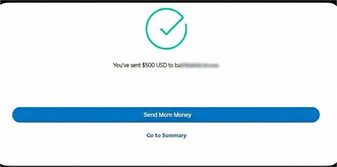A confirmation screen shows "You've sent $500 USD" with a green checkmark, alongside "Send More Money" and "Go to Summary" buttons. The image is paired with a post claiming to give away $500, but the screenshot actually depicts a completed outgoing payment rather than incoming funds, suggesting it's being used misleadingly to lend false credibility to the giveaway claim.