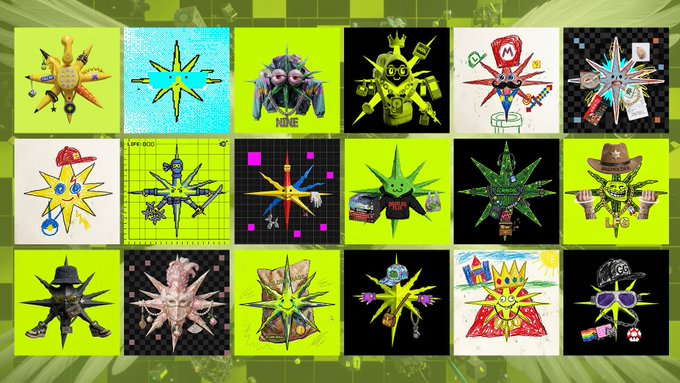 A grid of 18 star/compass-shaped logo designs with various themes including suits, sunglasses, gold, and pop culture references on bright backgrounds.