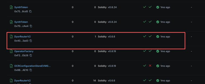 A dark interface listing smart contracts including 'SynthToken', 'DyorRouterV2', 'OperatorFactory', and 'OCRConfigurationStoreEVMSet', with one 'DyorRouterV2' entry highlighted by a red rectangle.