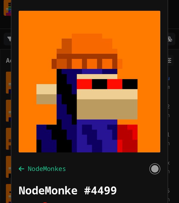 A pixel art NFT of a monkey-like character wearing a hard hat, labeled 'NodeMonke #4499' on a dark interface.