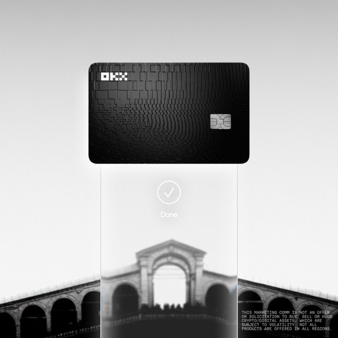 Promotional image of a black OKX-branded card with a chip and textured surface, displayed over a 'Done' confirmation screen with classical architecture in the background and a marketing disclaimer at the bottom.