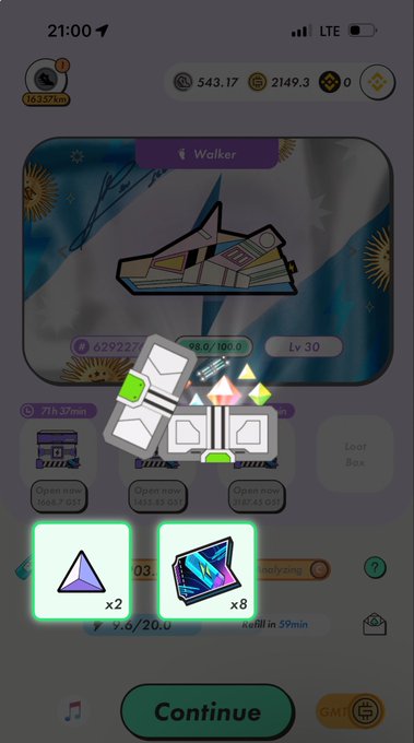 A mobile game screen displays a 'Walker' character with rewards of purple triangles and blue cards available to claim via the 'Continue' button.