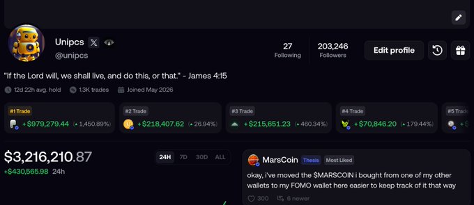 The image shows the X (Twitter) profile of crypto trader "Unipcs" (@unipcs), displaying a portfolio value of $3,216,210.87 (up $430,565.98 in 24h) along with trade cards showing substantial gains on tokens like #1 Trade (+1,450.89%) and #4 Trade (+1,179.44%). This relates to the post about Bonkguy's skill-based trading success, as the profile exemplifies the kind of verifiable, high-percentage crypto trading wins the post references.