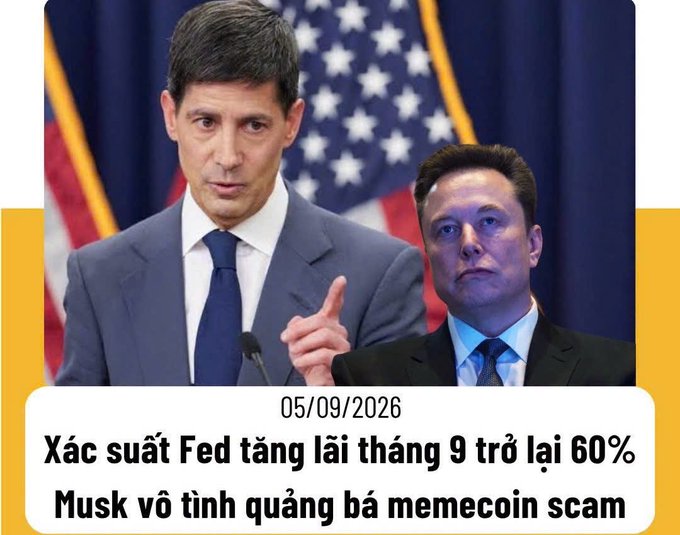 A news thumbnail dated 05/09/2026 featuring photos of Jerome Powell and Elon Musk, with Vietnamese text reading: 'Probability of Fed rate hike in September returns to 60% / Musk accidentally promotes memecoin scam'.