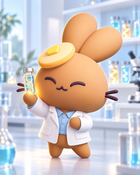 A cute cartoon bunny scientist in a lab coat happily holds a glowing vial with a DNA-like helix, symbolizing scientific breakthrough and discovery. This relates to the post's "Mystery Stock #29" hint by visually representing the "before 2020" era of obscure, lab-based innovation that suddenly became world-famous.