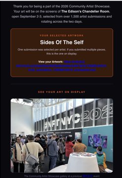 An email from 'The Edison's Chandler Room' congratulates an artist for being selected in the 2026 Community Artist Showcase, highlighting an entry titled 'Sides Of The Self' and featuring a photo of an art gallery.