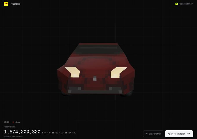 A digital interface from 'Hypercars' displaying a low-poly 3D model of a red sports car on a dark background, with possible rolls '1, 574, 200, 320' and options to 'Draw another' or 'Apply for whitelist.'