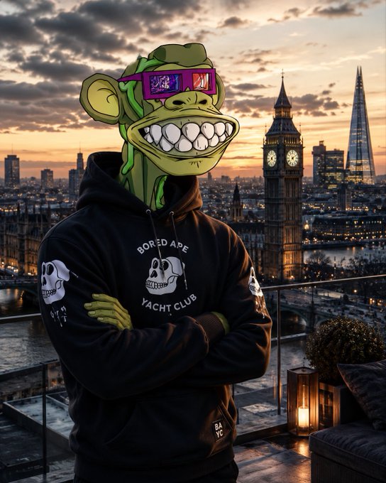 A cartoon Bored Ape character wearing purple sunglasses and a black 'BORED APE YACHT CLUB' hoodie stands with arms crossed on a London rooftop at sunset, with Big Ben and The Shard visible in the background.