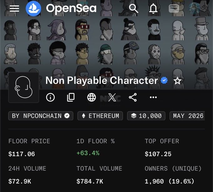 The image shows a screenshot of an advertisement or page from a website, likely related to buying or selling cryptocurrency such as Bitcoin. The main focus of the image is a non-playable character (NPC) character that stands out due to its bright blue color against the black background. There are several other characters present in the scene, including some closer to the top and others lower down on the screen. 

A text box at the bottom of the image provides details about the non-playable character being displayed, stating it is an NPC character from OpenSea that can be bought for a total price of $70.46. This information suggests that the screenshot may be related to a buying or selling scenario in the cryptocurrency market.