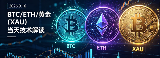 A financial market analysis banner dated 2026.9.16 featuring the text "BTC/ETH/黄金 (XAU) 当天技术解读" (BTC/ETH/Gold (XAU) Daily Technical Analysis), displayed alongside stylized representations of Bitcoin (BTC), Ethereum (ETH), and gold (XAU) coins set against a candlestick chart background.