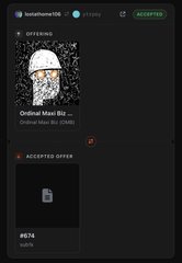 A dark mobile app interface (likely Magic Eden or NFT marketplace) showing token #696 for "totallyhome100" with an "Ordinal Maxi Biz" NFT offer and an accepted offer for #674.