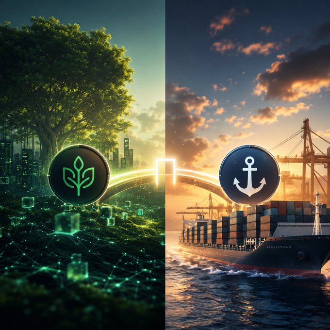 A split-screen digital artwork contrasting a green, nature-themed environment with a glowing plant logo on the left against a warm, orange-toned industrial shipping port with an anchor logo on the right, connected by a central beam of light.
