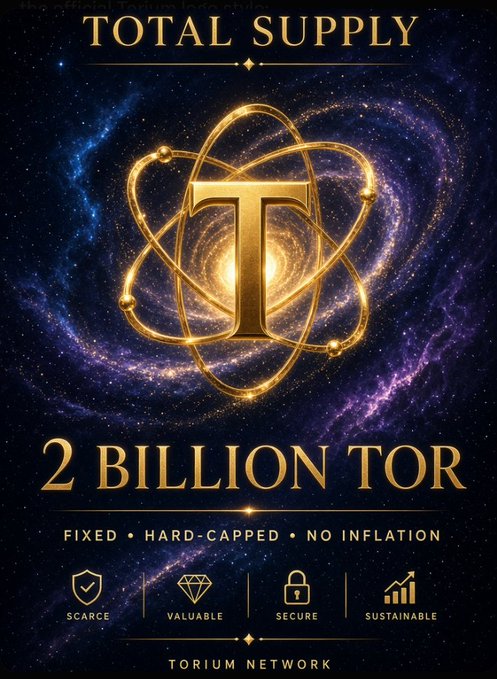 A promotional graphic for 'TORIUM NETWORK' showing 'TOTAL SUPPLY: 2 BILLION TOR' with the words 'FIXED • HARD-CAPPED • NO INFLATION' and icons for Scarce, Valuable, Secure, and Sustainable.