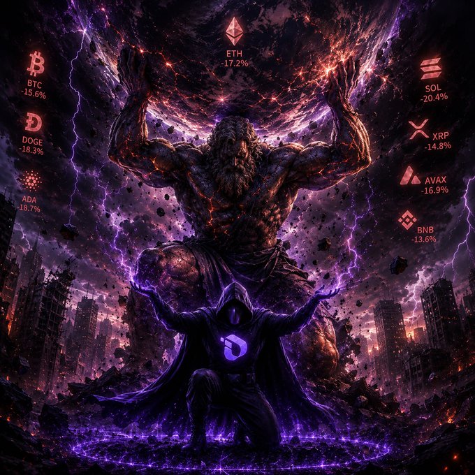 A dramatic dark fantasy illustration of a horned Titan-like figure with a hooded figure below, surrounded by cryptocurrency tickers showing major losses: BTC -15.6%, ETH -17.2%, DOGE -18.3%, SOL -20.4%, ADA -18.7%, XRP -14.8%, AVAX -16.9%, and BNB -13.6%.