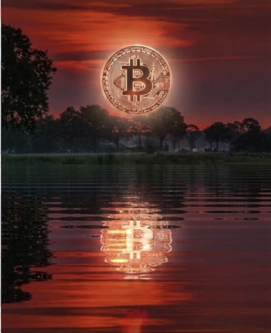 A dramatic artistic image of a glowing Bitcoin coin setting like the sun over a body of water, with its reflection shimmering on the red-tinted surface.