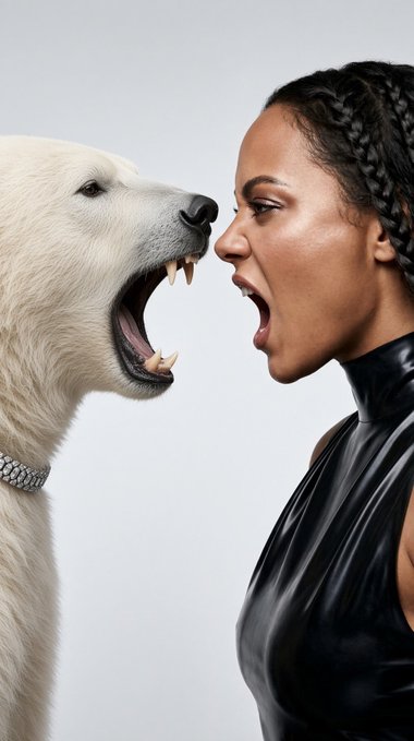 A dramatic profile shot showing a snarling polar bear baring its teeth face-to-face with a woman who is also baring her teeth aggressively.