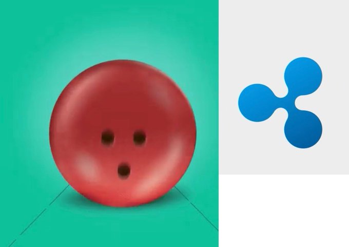 A red bowling ball with three finger holes rests on a teal surface, juxtaposed against the blue Ripple (XRP) logo on a white background. The visual pairs the "striking" imagery of bowling with the XRP cryptocurrency, playing on the post's wordplay about XRP holders "striking it lucky."