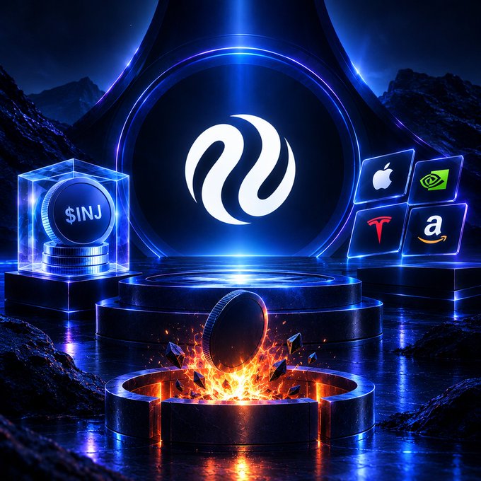 Futuristic crypto-themed scene with a large white symbol in the center, a burning coin feature in front, a coin marked “$INJ,” and illuminated panels showing the Apple, Nvidia, Tesla, and Amazon logos.