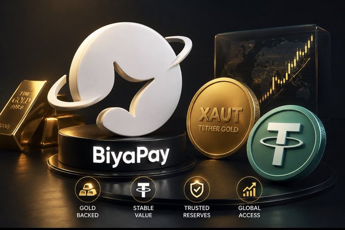 A promotional graphic for 'BiyaPay' showcases a white logo alongside gold bars and coins labeled 'XAUT TETHER GOLD,' with icons highlighting its 'GOLD BACKED,' 'STABLE VALUE,' 'TRUSTED RESERVES,' and 'GLOBAL ACCESS' features.