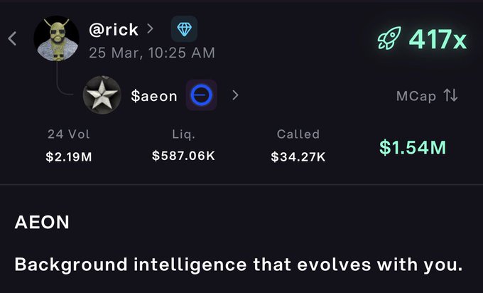 Screenshot of a crypto tracker showing the token $aeon at a $1.54M market cap with $2.19M 24-hour volume and $587.06K liquidity, posted by user @rick on March 25.