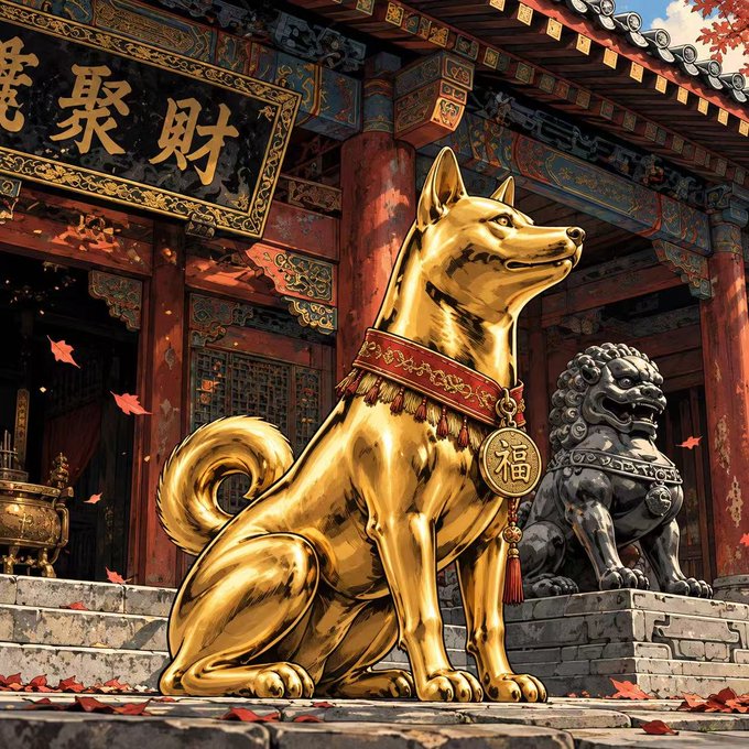 A golden statue of a dog wearing a red collar with a pendant sits in front of a traditional Chinese temple adorned with red leaves and Chinese characters on a plaque.