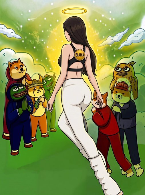 An illustrated woman with long dark hair, a halo, and a 'SLAIKA' badge on her back stands facing a group of cartoon characters including dog figures and Pepe the Frog.