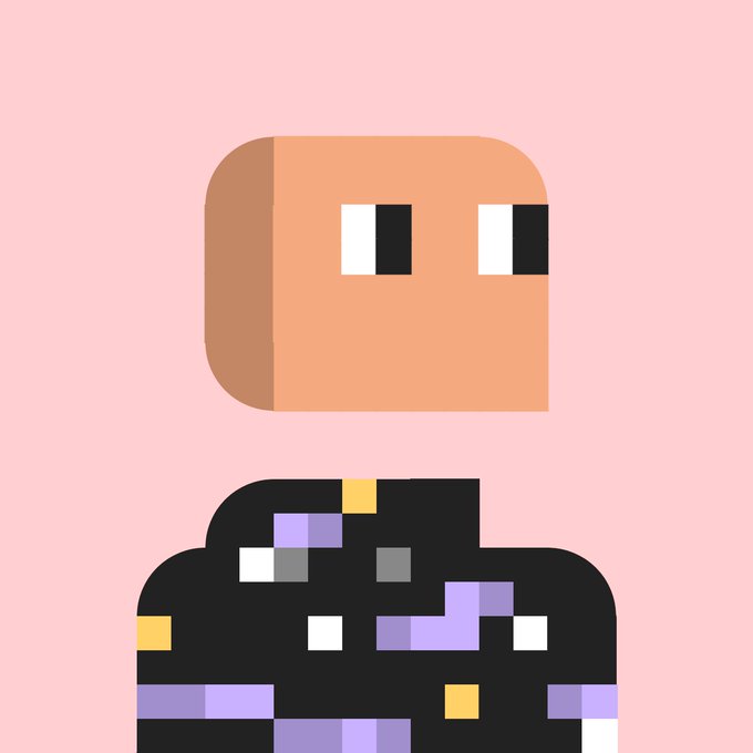 A minimalist digital illustration depicts a character with a blocky peach-colored head and pixelated dark clothing against a solid pink background.