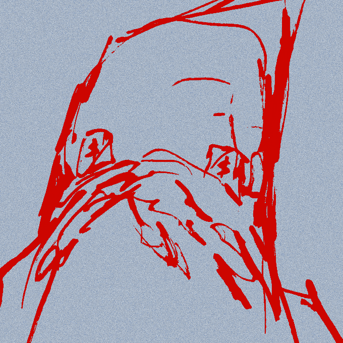 A rough red-line digital sketch on a grainy light blue background depicting a figure wearing a hat with a hand raised to their face.