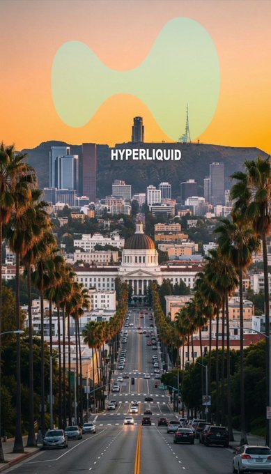 Cityscape of Los Angeles at sunset with palm trees lining a street, overlaid with a large green 'Hyperliquid' logo and branding at the top.