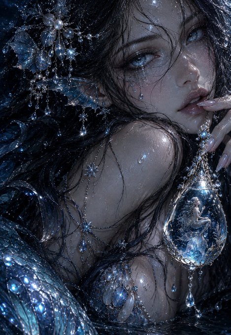 A fantasy digital artwork portrays an ethereal woman with dark flowing hair, water droplets, and snowflake-like jewelry, gazing upward with luminous blue eyes.